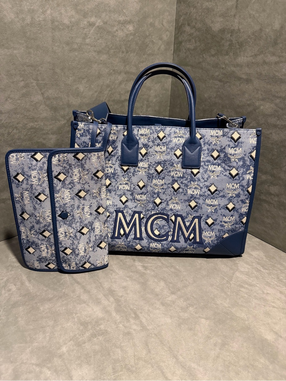 MCM Navy Blue Monogram Tote with Matching Pouch